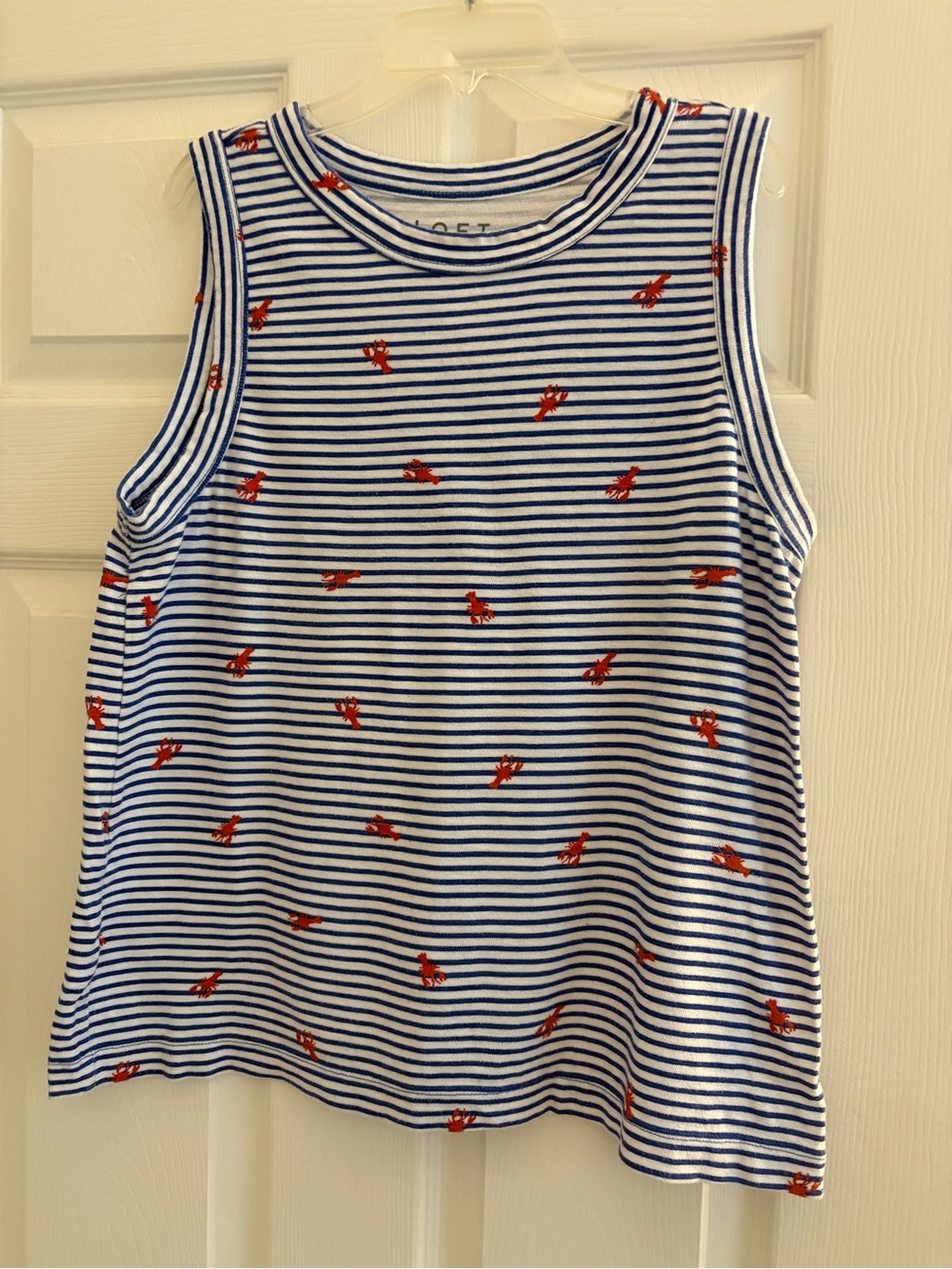 LOFT Blue & White Striped Tank with Red Crab Motif
